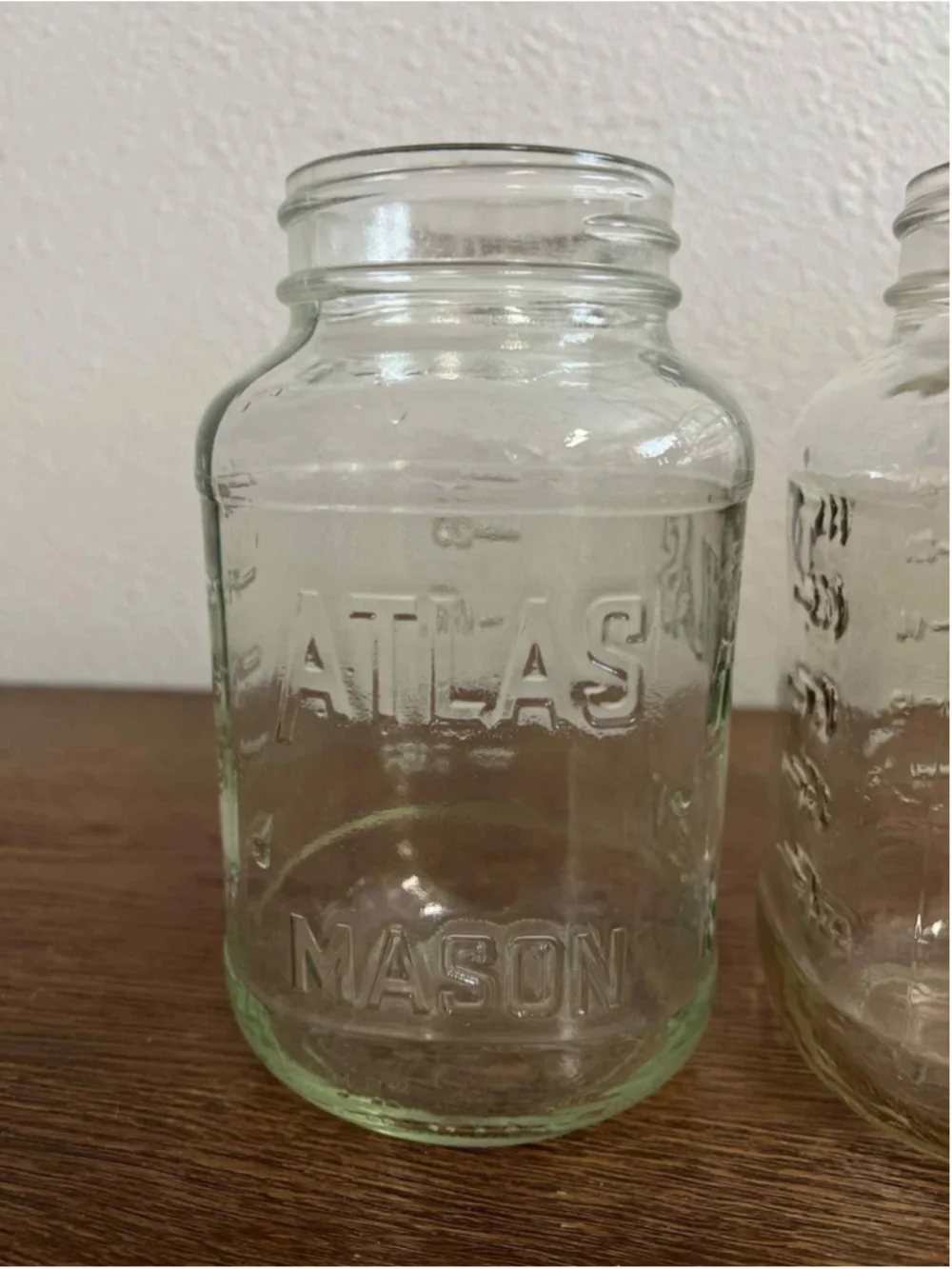 Pair of Vintage Atlas Mason Jars Green Tint & Smoky Clear Glass Farmhouse Decor